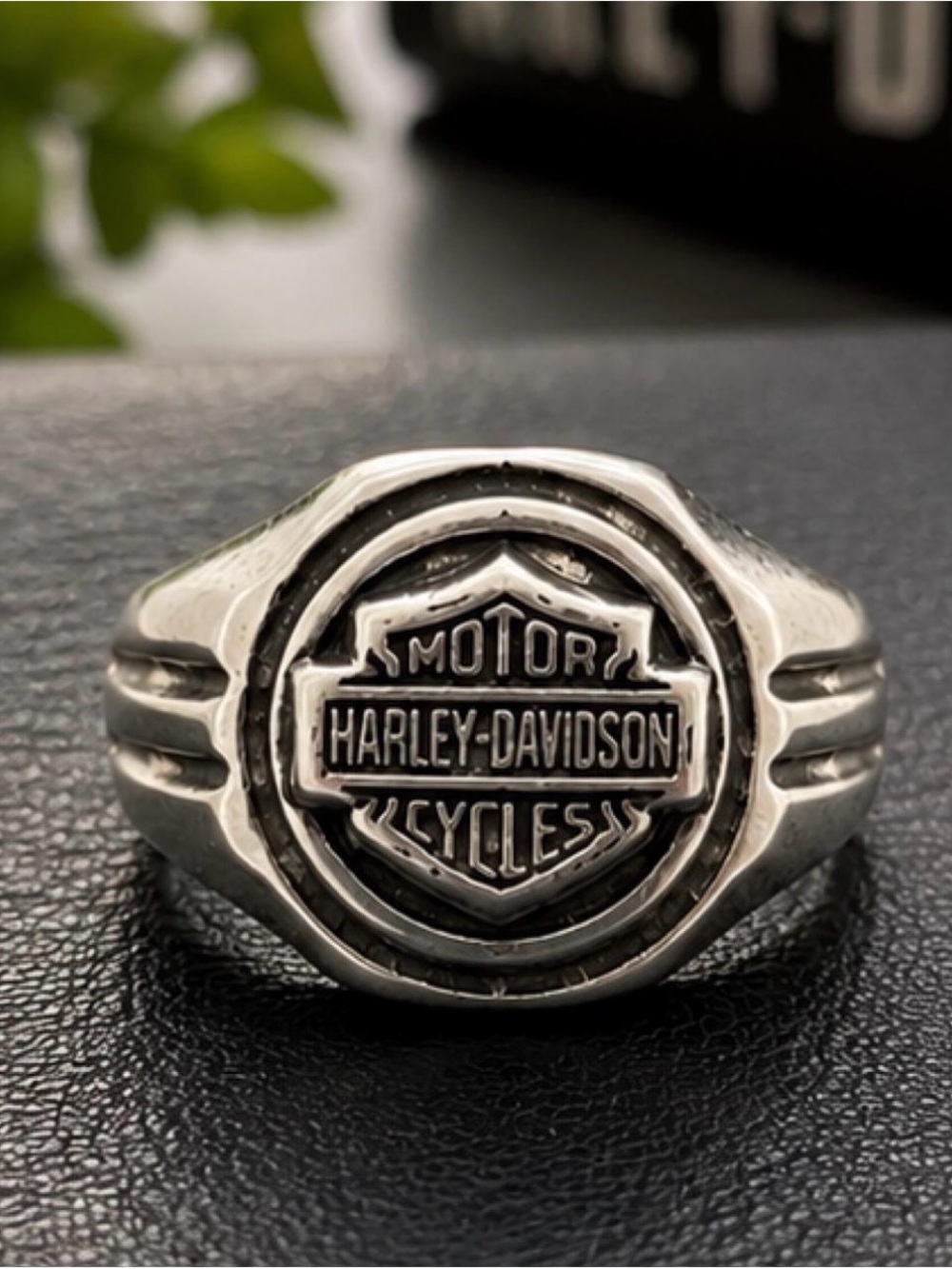 Harley-Davidson Silver Tone Bar & Shield Signet Ring with Black Details